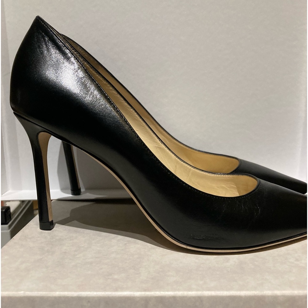 Jimmy Choo Romy 85 -  Black leather pump - size 38.5- Heel height is 3.5 inches.